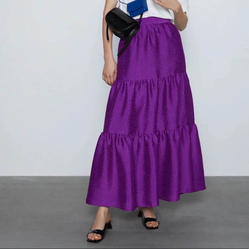 Zara purple voluminous tiered blogger favorite skirt mardi gras carnival